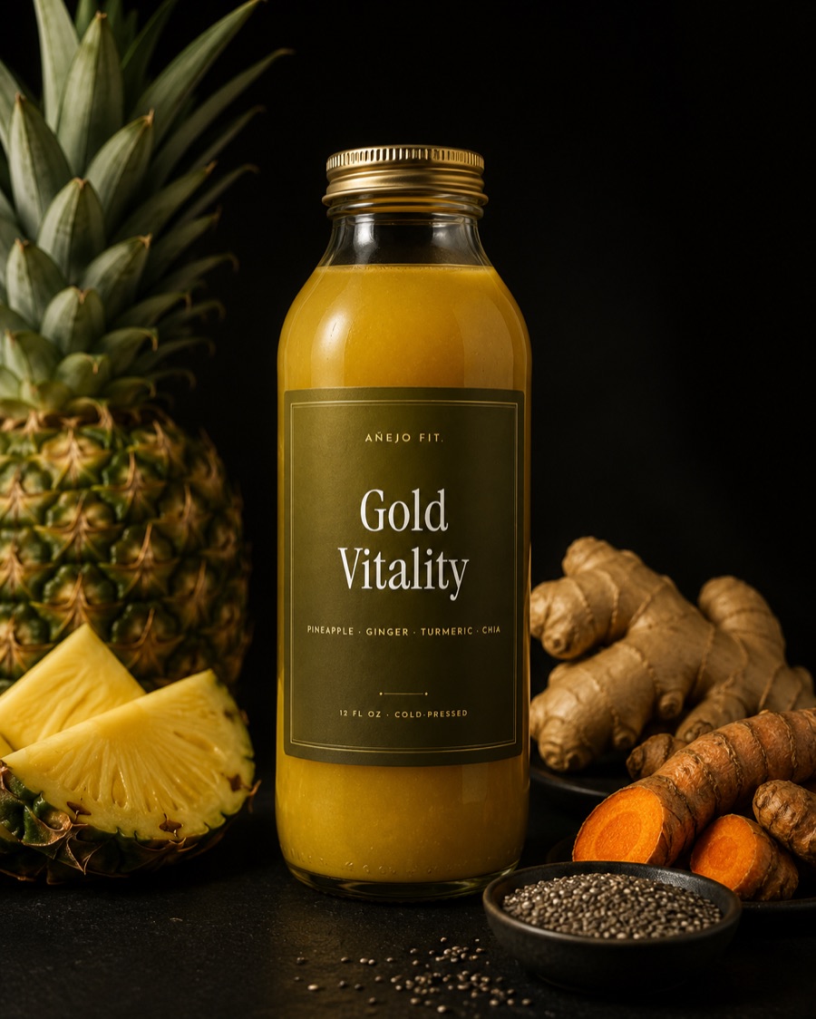 Añejo Fit — Gold Vitality cold-pressed juice: pineapple, ginger, turmeric, chia
